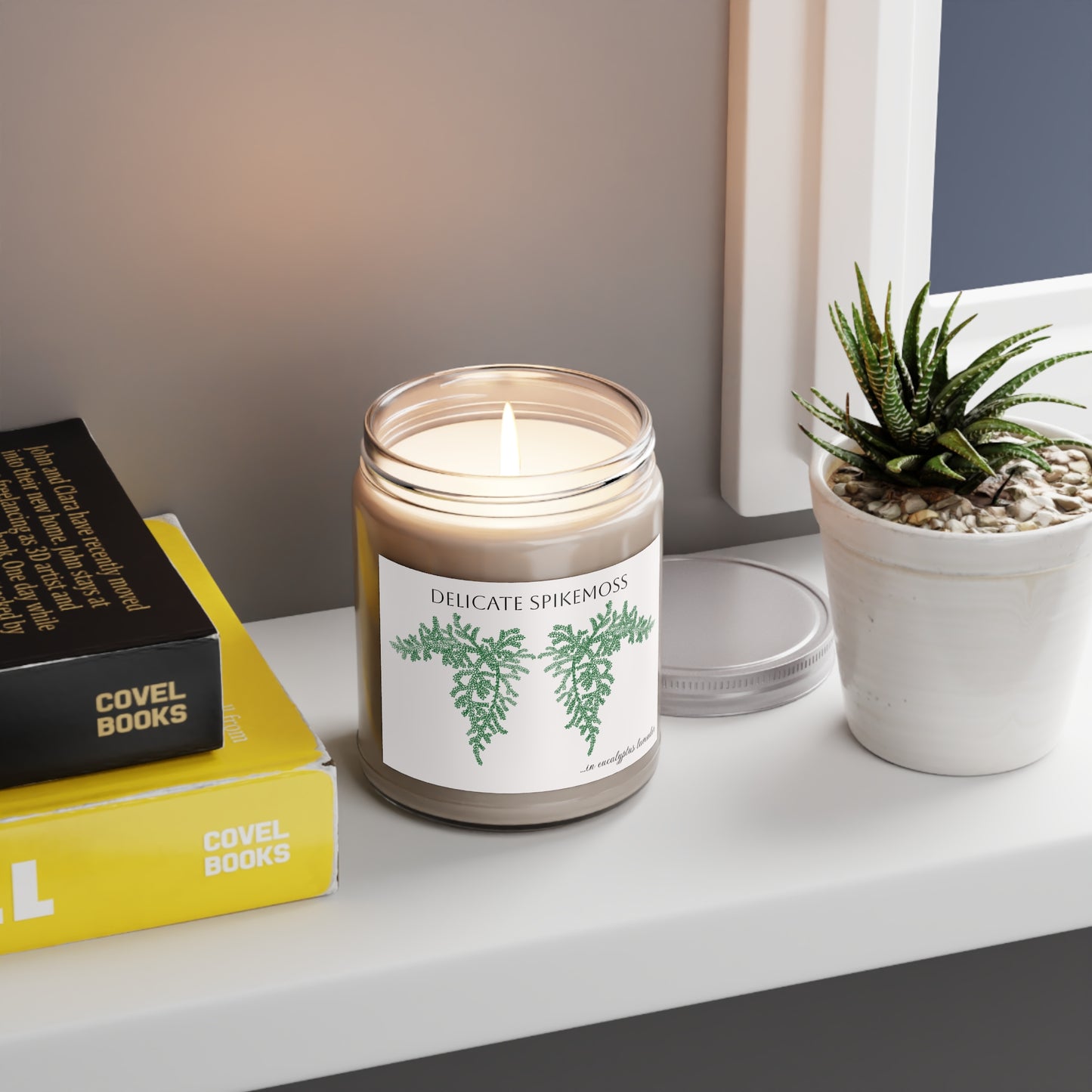 EcoFriendly Candles, featuring Delicate Spikemoss hand drawn art available in lovely non-toxic fragrances.