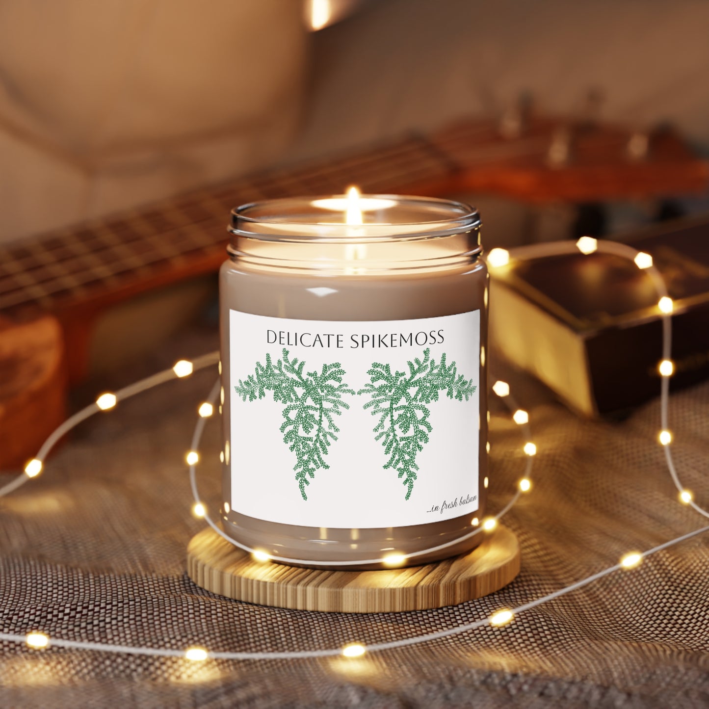 EcoFriendly Candles, featuring Delicate Spikemoss hand drawn art available in lovely non-toxic fragrances.