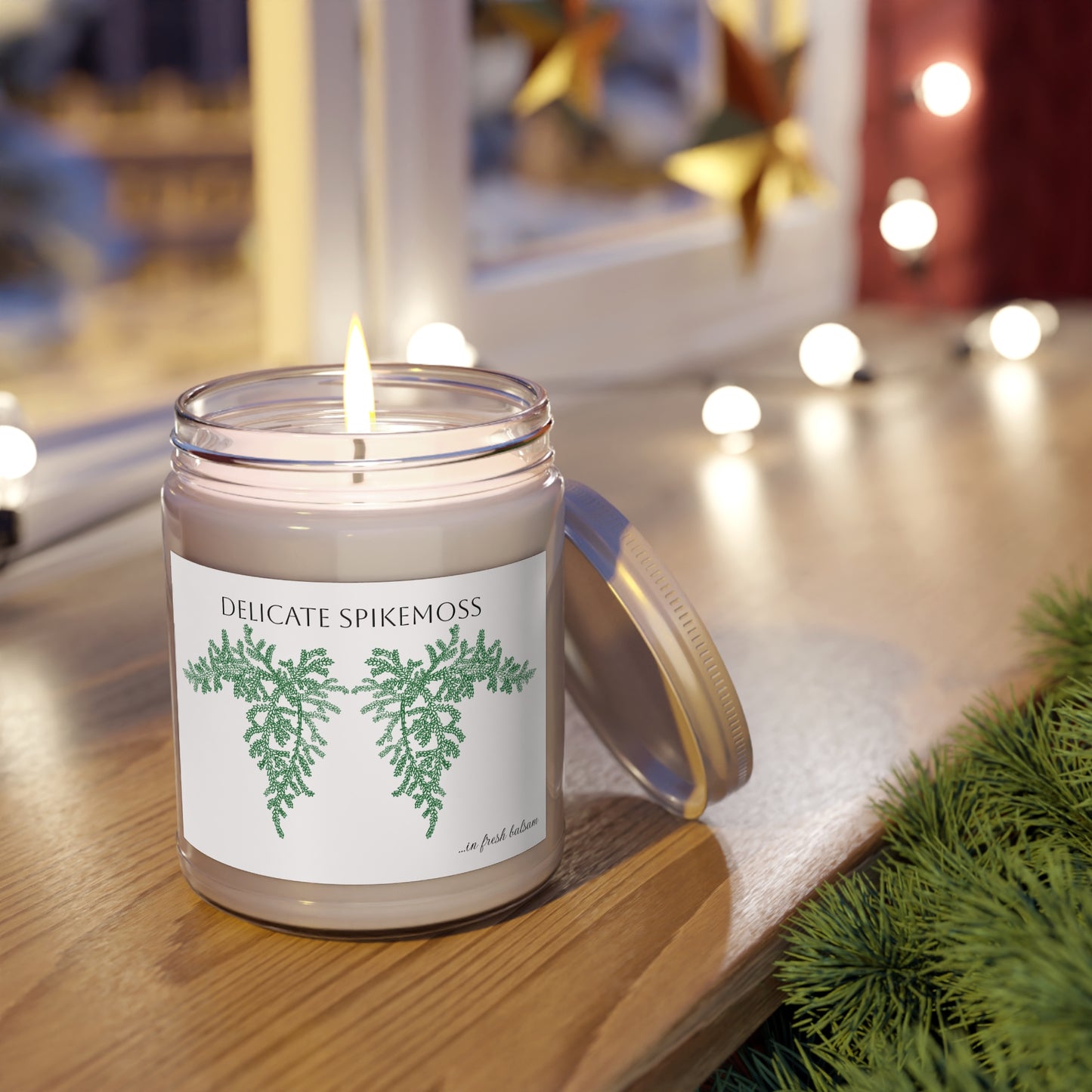 EcoFriendly Candles, featuring Delicate Spikemoss hand drawn art available in lovely non-toxic fragrances.
