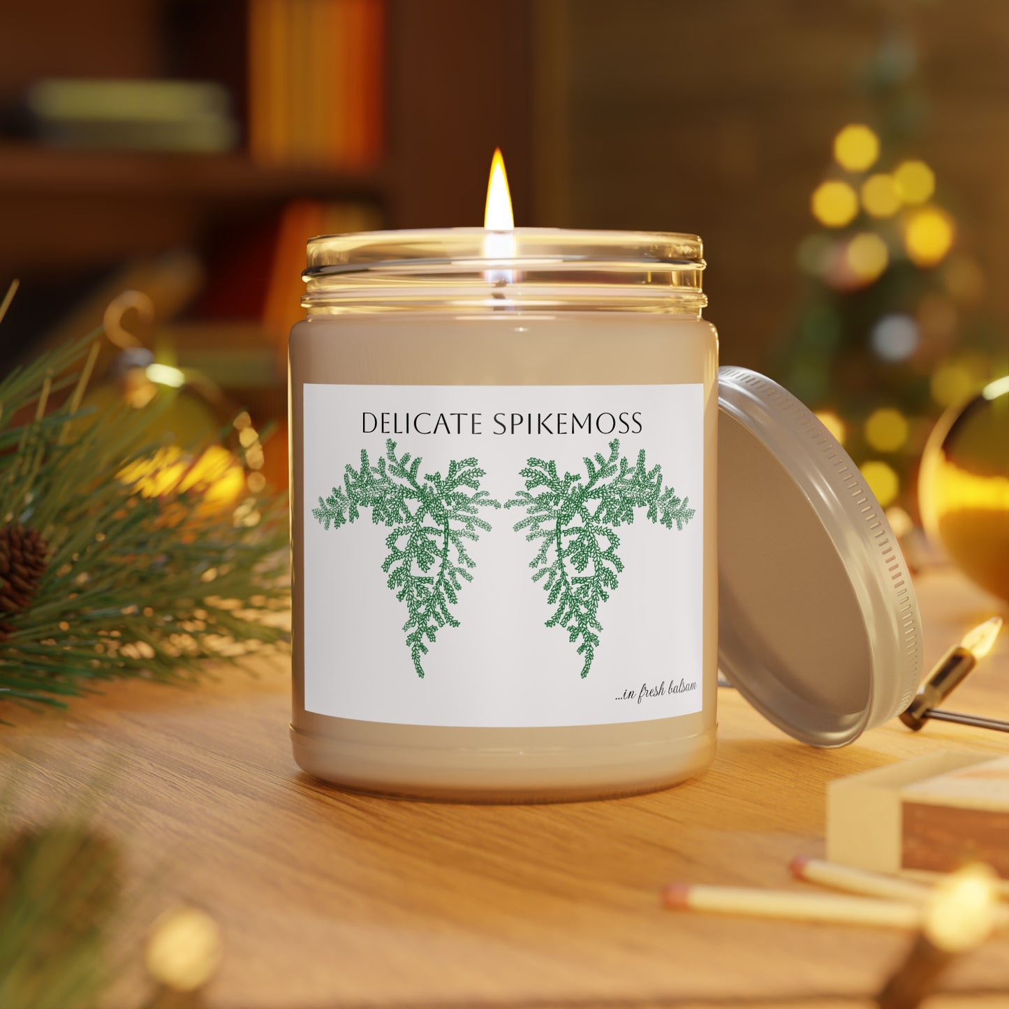 EcoFriendly Candles, featuring Delicate Spikemoss hand drawn art available in lovely non-toxic fragrances.