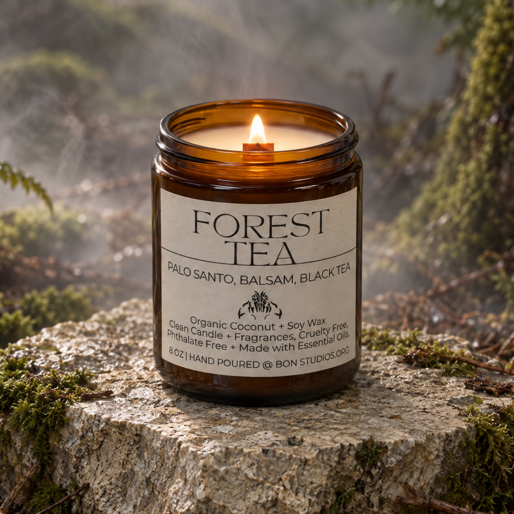 Forest Tea Clean Candle - Palo Santo, Black Tea, Musk, Cedar (8 oz Amber Jar)