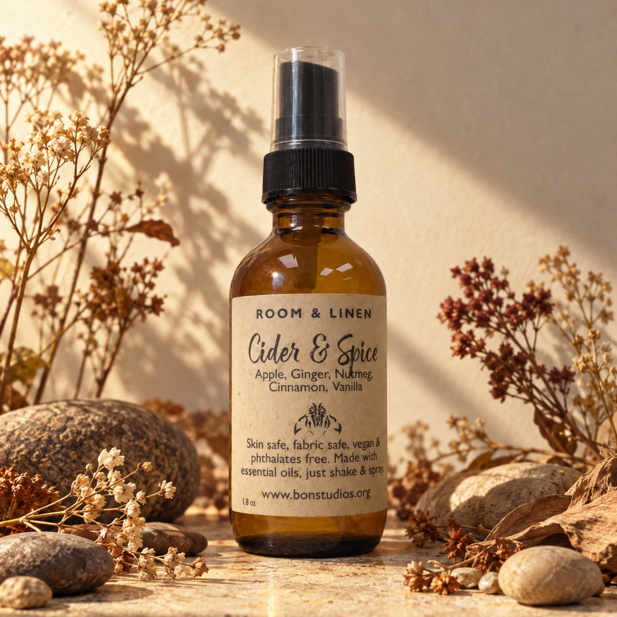 Spiced Cider Room & Linen Safe Spray, w/Cinnamon & Ginger, Amber Glass (2oz)