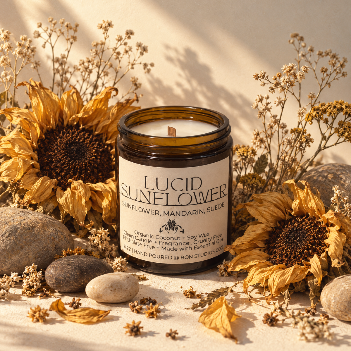 Lucid Sunflower Clean Candle - Sunflower, Mandarin, Suede (8 oz Amber Jar)