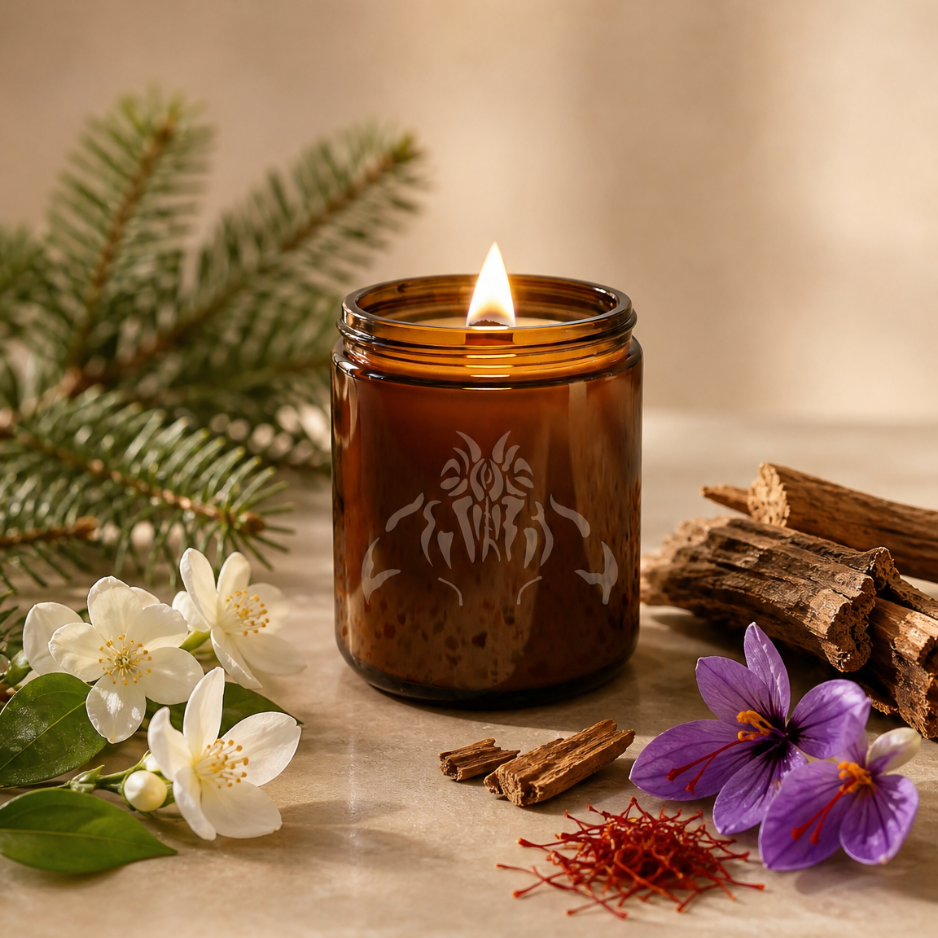 Saffron Rouge Clean Candle - Saffron, Jasmine, Fir, Cedar, Ambergris (8 oz Amber Jar)