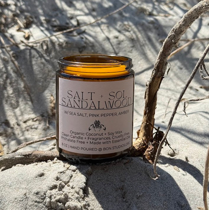 Salt + Sol Sandalwood Clean Candle - Sea Salt, Pink Pepper, Oceanic (8 oz Amber Jar)