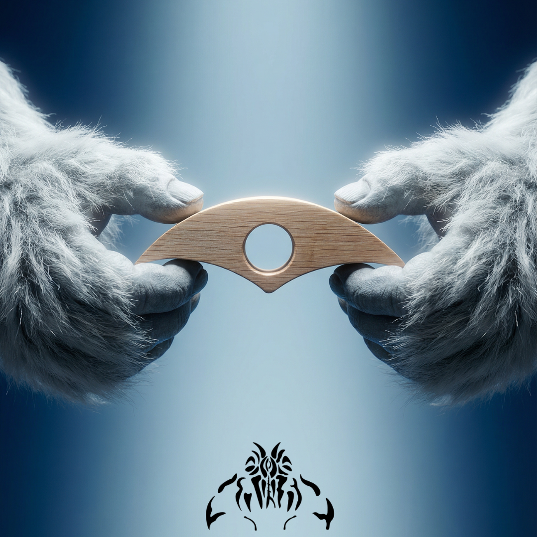 Two furry hands holding a wooden object against a blue background