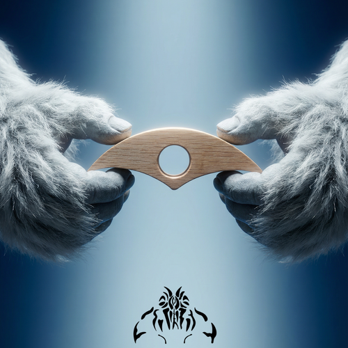 Two furry hands holding a wooden object against a blue background