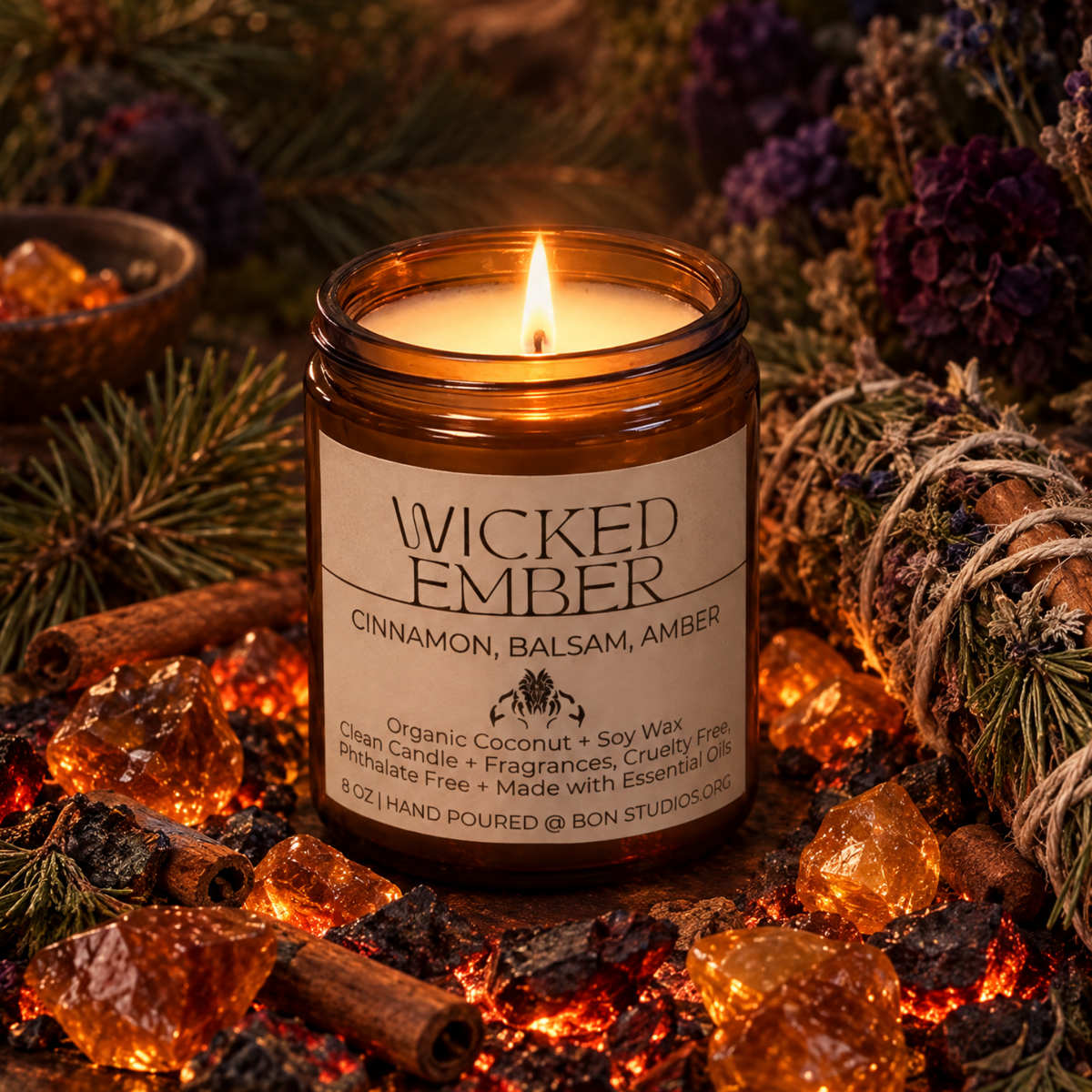 smoky, pine and embers with amber and cinnamon notes clean nontoxic candle