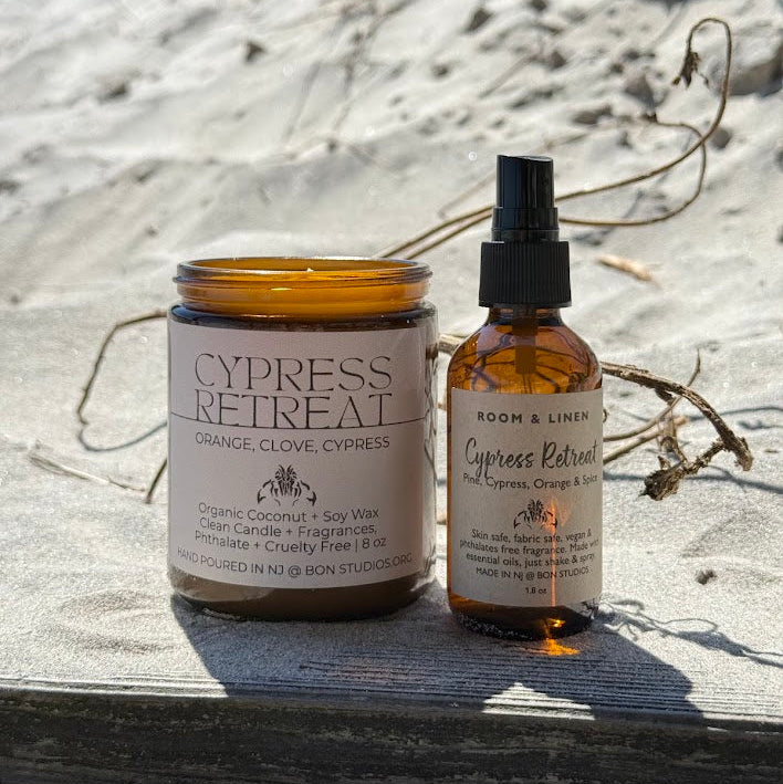 fall spa fragrance gift set, cypress retreat with notes of clove, orange and cypress. A clean nontoxic candle and matching room air and linen spray.