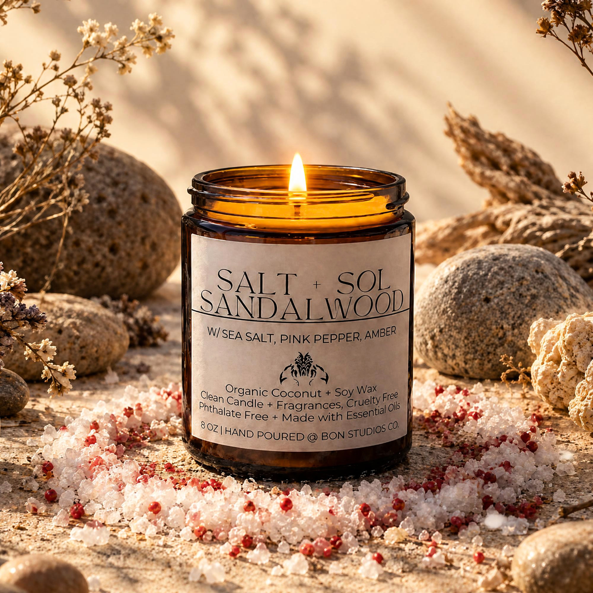 Salt + Sol Sandalwood Clean Candle - Sea Salt, Pink Pepper, Coastal (8 oz Amber Jar)